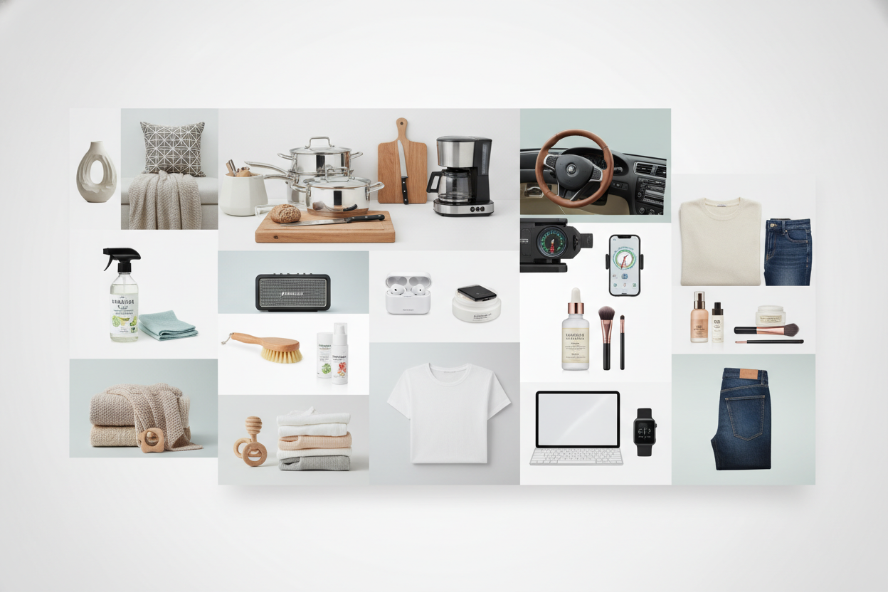 🌟 

PROMPT PERFECTO PARA TU BANNER





Prompt:



“Create a wide ecommerce banner (size 1200x400) with a clean, modern, professional collage of multiple product categories. Include: home decor items, kitchenware, cleaning products, small electronics, accessories for cars, beauty & skincare products, technology items, clothing elements, and baby items. Make everything look new, prolijo, bien iluminado, and visually balanced.



Do NOT include perfume bottles, no cups, no stationery like pencils or notebook